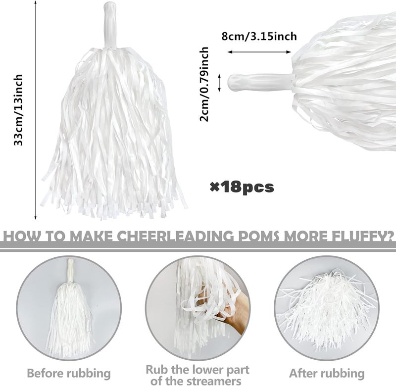 KDPATFAV 18PCS Cheerleading Pom Poms Plastic Pom Poms with Baton Handle for Game Sports Squads Dancing Party Football Basketball Club Spirit Sports Stage Performance Celebration (PET White) - Image 2